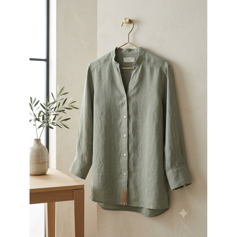 Suzy D Madison 7 Linen Shirt Sage Green Mandarin Collar Button Down Top Small